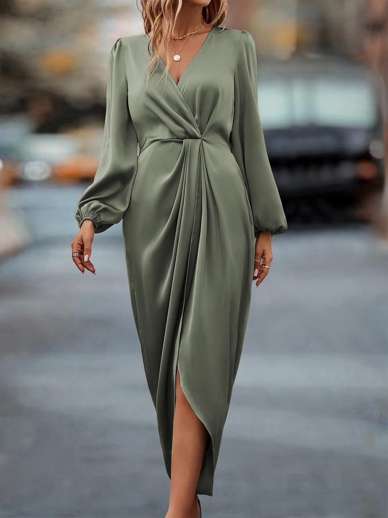 Spring Autumn Elegant Dresses Office Lady Sexy Cross Collar Fold Split Bubble Sleeve Irregular Long Sleeve Women's Maxi Dress