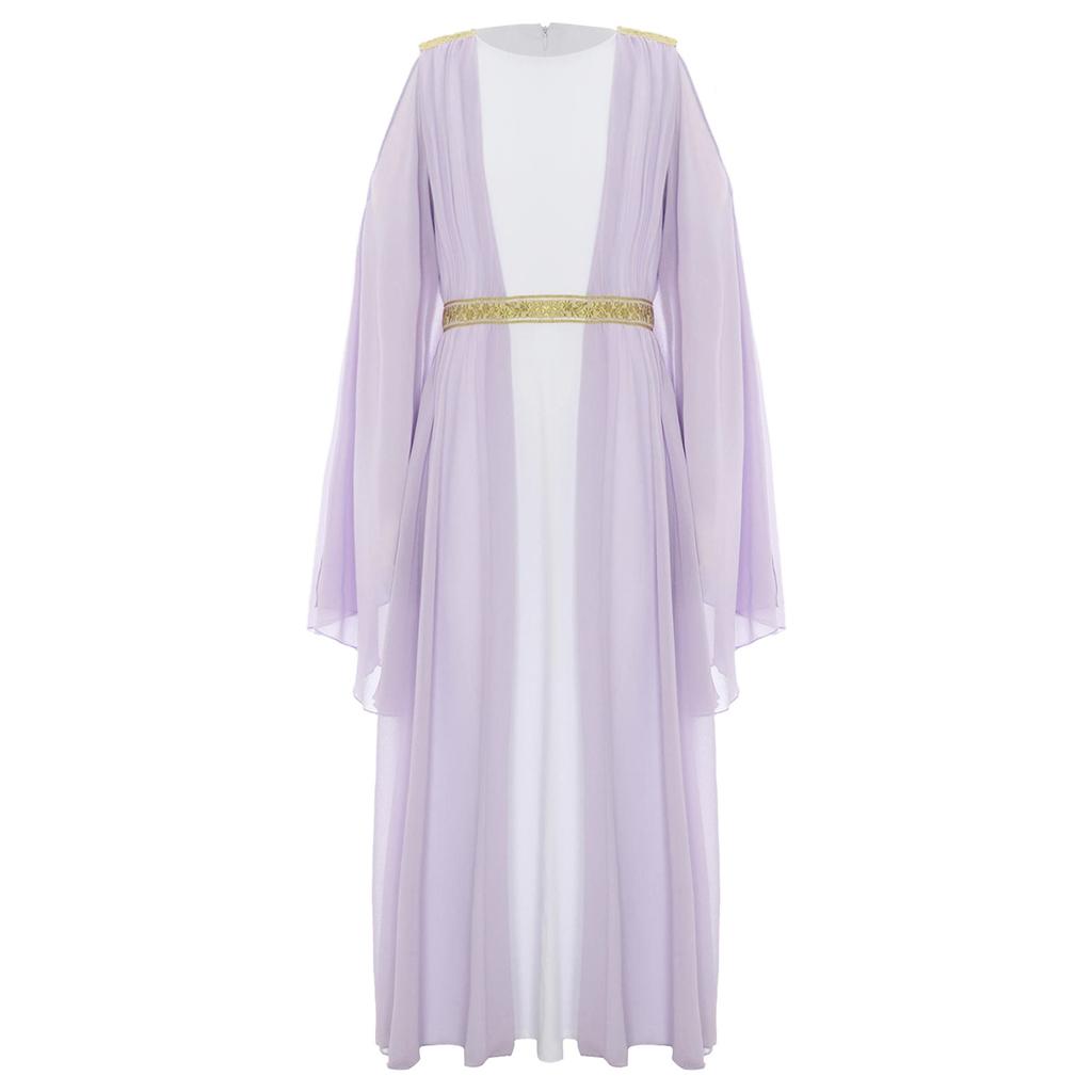 Girls Ancient Greek Roman Cosplay Costume Long Sleeve Golden Embroidery Dress Tulle Patchwork Halloween Gown