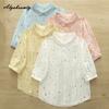 Korean Fashion Summer Women Cotton Blouse Turn-Down Collar White Pink Blue Yellow Heart Print Casual Shirt Sweet Comfortable Top