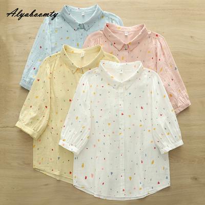 Korean Fashion Summer Women Cotton Blouse Turn-Down Collar White Pink Blue Yellow Heart Print Casual Shirt Sweet Comfortable Top