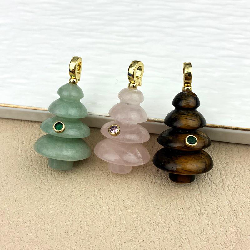 Natural Pink Crystal & Tiger Eye Christmas Tree Pendant with Clavicle Chain