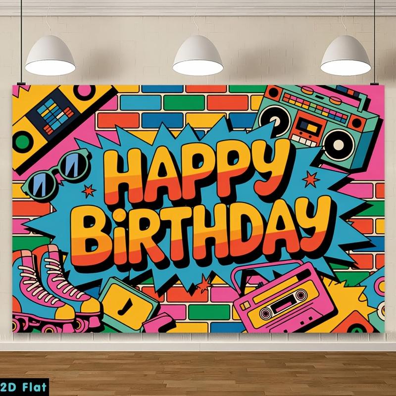2D plane 1 piece of Happy Birthday design featuring elements of the 1980s retro style 47.2x31.5inch/120*80cm