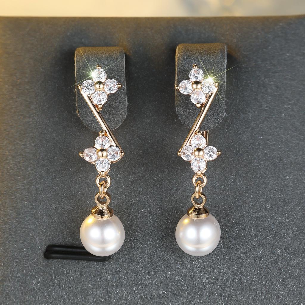 White Pearl Zircon Stone Flower Hoop Earrings Luxury Female Gold Color Wedding Jewelry For Women