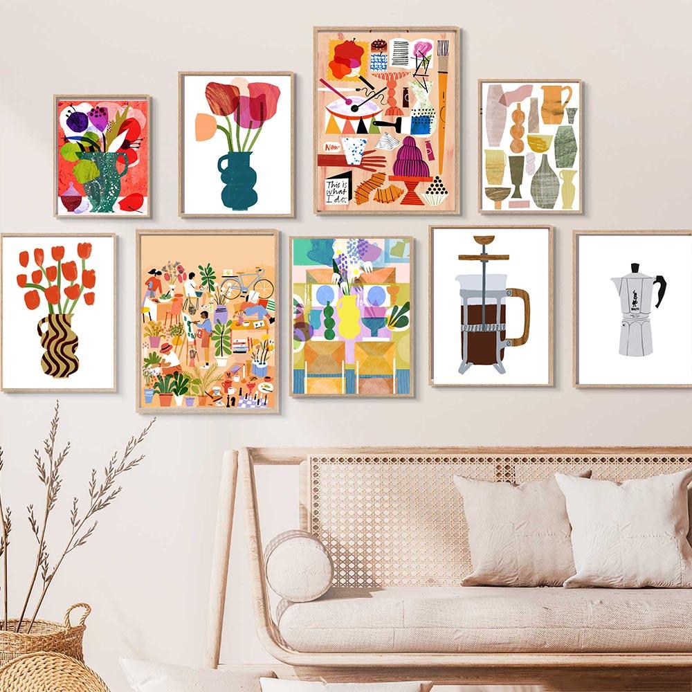 Flower Market Vases Wall Art Canvas Painting Coffee Pot Moka Posters Prints Botanical Wall Pictures For Living Room Home Decor