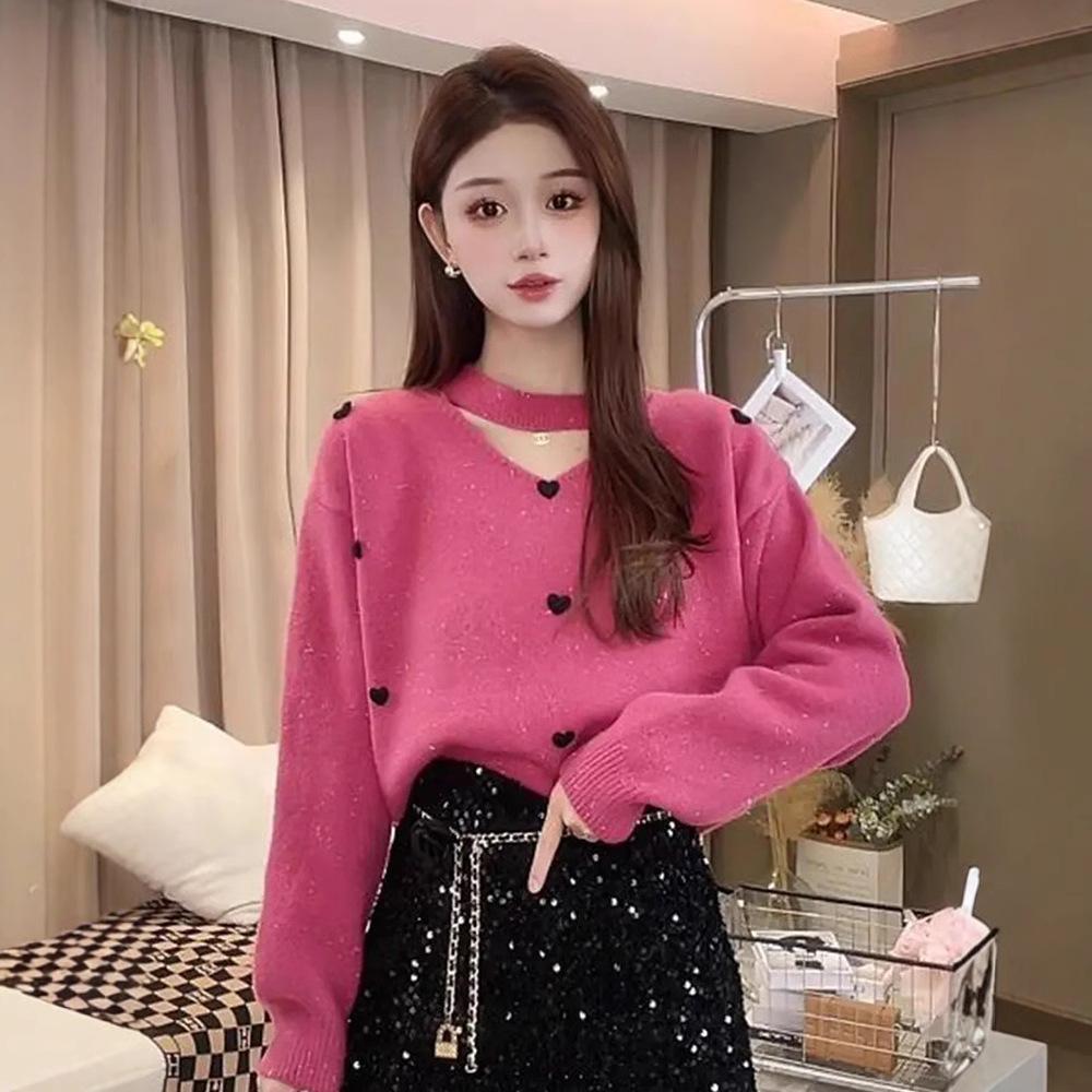 

2025 Retro Chic French Collar Long Sleeve Knitted Pullover Sweater for Spring and Autumn M рожевий