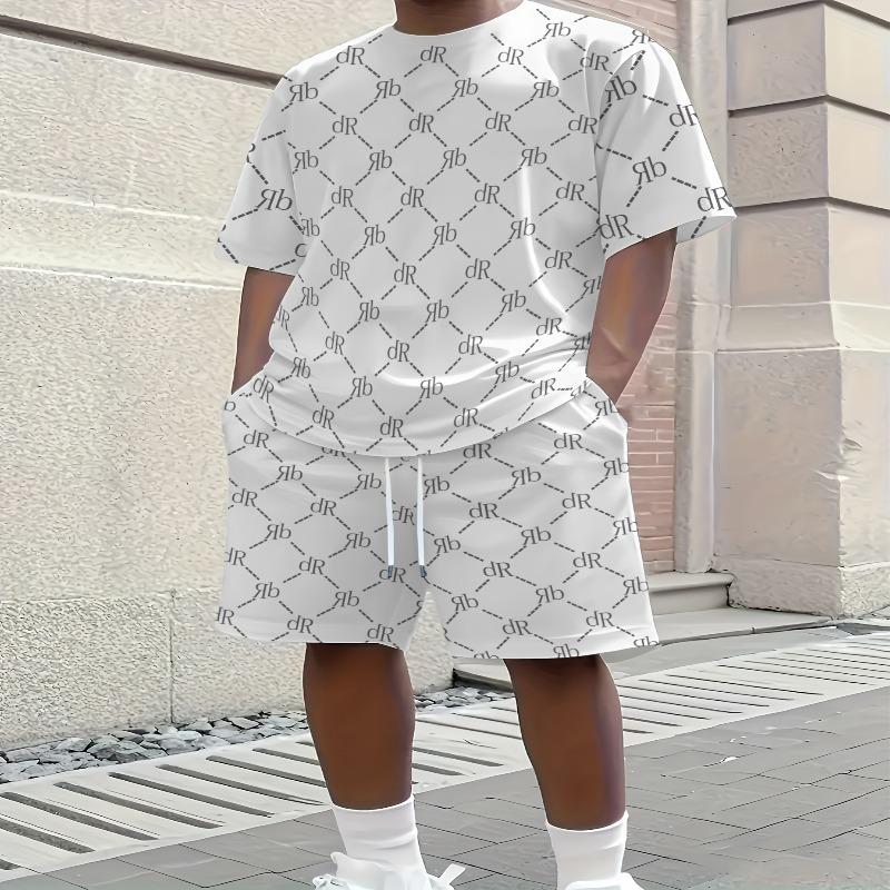 2-piece New Casual English Letter Printed Men's Short Sleeved+shorts, Breathable and Soft Summer Set with Drawstring Pocket Shorts