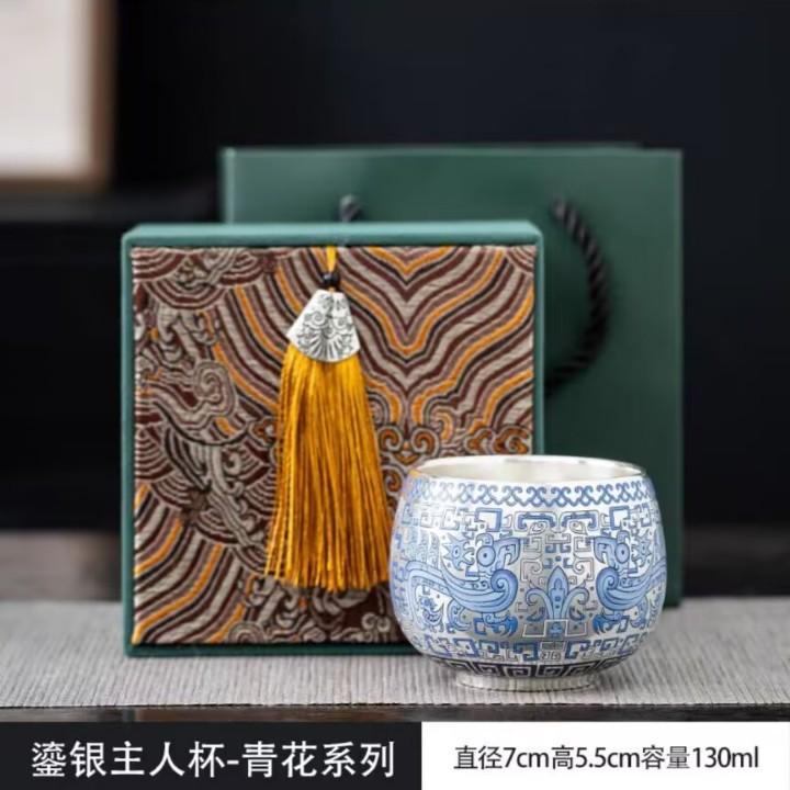 Retro Blue And White 999 Teacup Household Ceramic Silver Tea Single Cup Teacup Kung Fu Tea Set Master Tea Cup