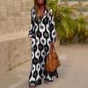 Women Maxi Dress Printing V-neck Hem Slit Contrast Color Long Sleeves Daily Wear V Neck Lapel Lady Summer Dress Female Clothes