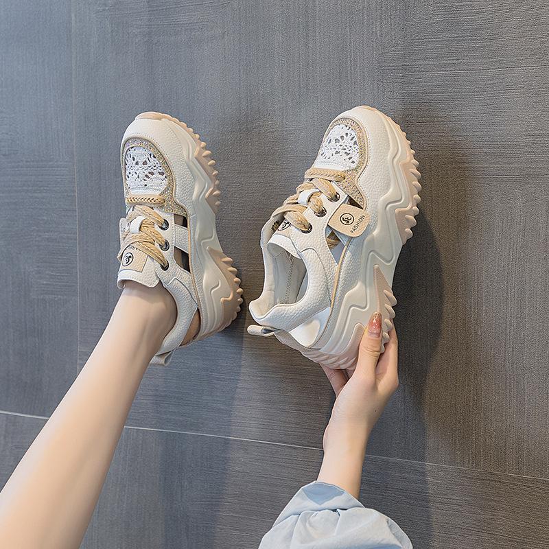 Women's Retro Thick Sole Rhinestone Leather Sandals - Summer 2025 Collection