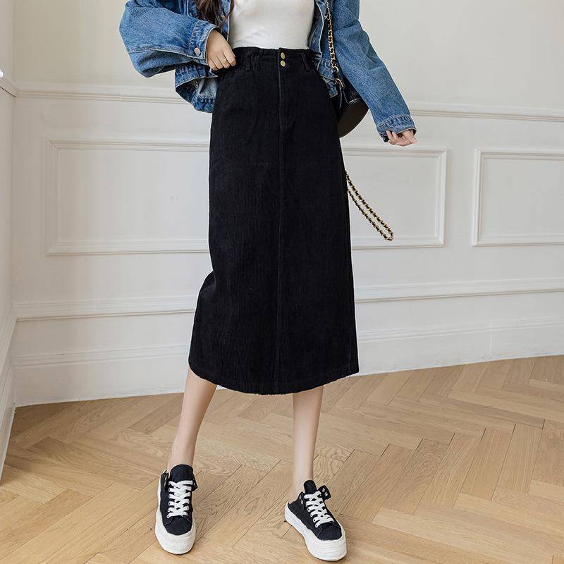 Autumn and Winter Women's Skirts Corduroy Half-body Skirt High-waisted Split Mid-length Skirt Versatile A-line Skirt Thin One-step Skirt
