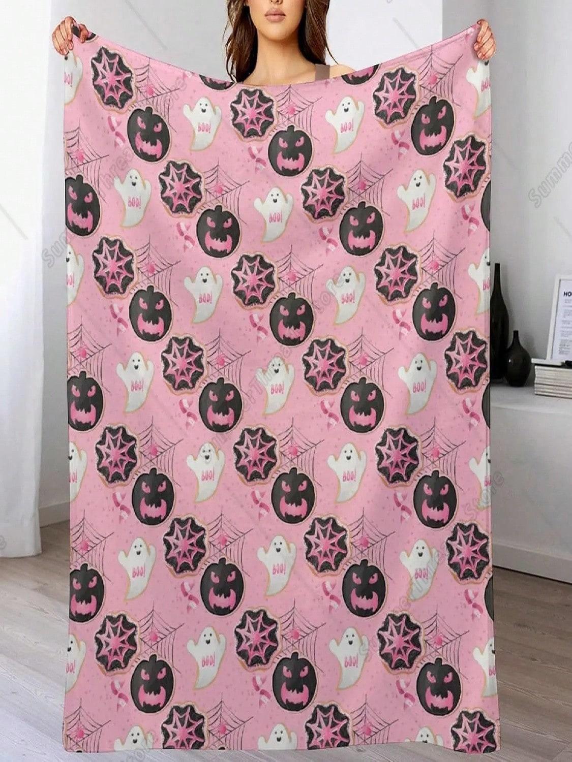 

Flannel Fleece Blanket, Spider Webs s Hat Black Bats And Decorated Pumpkins Throw Soft Warm Fluffy Plush Blanket 75X95CM серый