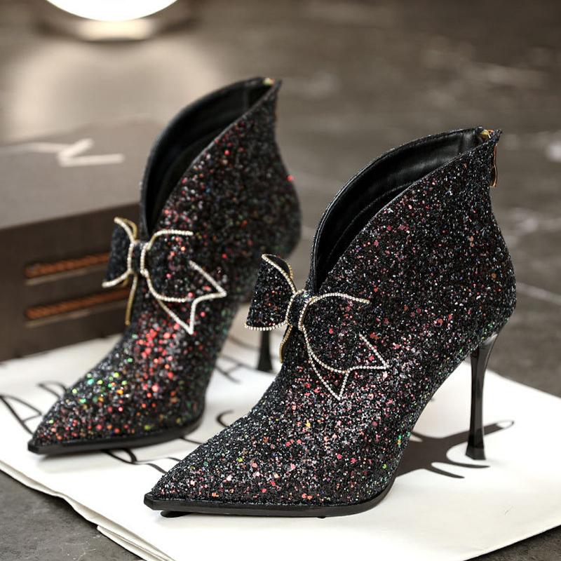 Bow Bling Women Ankle Boots Pointed Toe High Heels Elegant Shoes 2025 Trend Winter Fad Dress Pumps Designer Goth Botas De Mujer