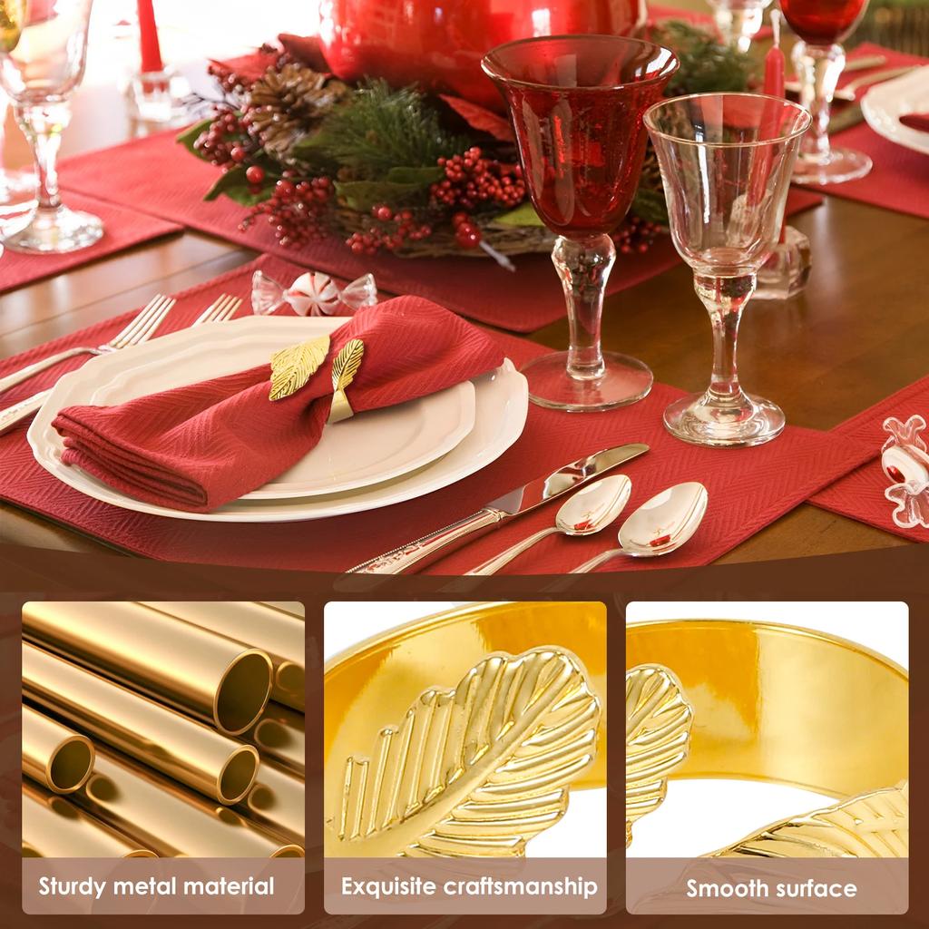 Gold Napkin Rings Set of 20, Metal Leaf Napkin Rings Cloth Napkin Holder for Weddings, Dinner Party, Banquet, Buffet Table Decor