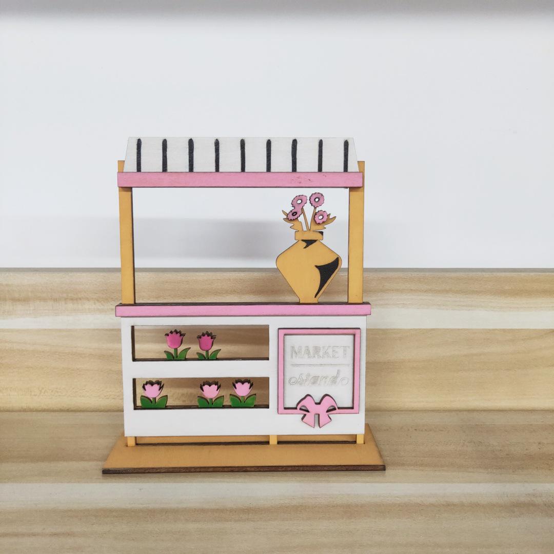 Mini Wooden Flower Cart Ornament - Tulip Floral Art Decoration