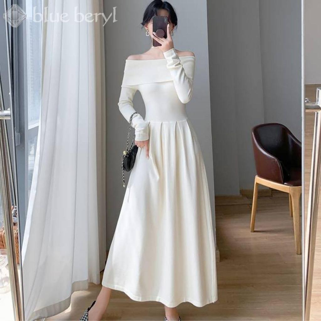 Blue Beryl Knit Fit High Long Women's Off-the-Shoulder Dress, & Flare, Waist, Sleeves, Elegant, Ivory, BB059-IV-M
