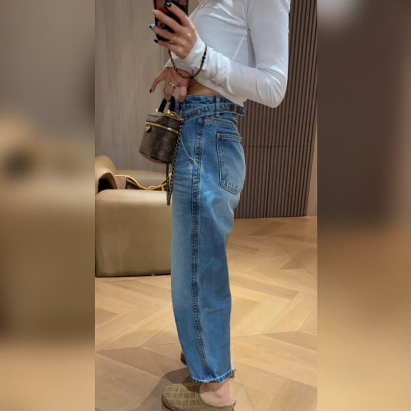 

European Hot-Selling High-Waisted Slimming Versatile Jeans 2026 Spring New Vintage Straight-Leg Cropped Pants for Petite Figures Blue (Excluding Belt) [Regular Version] M