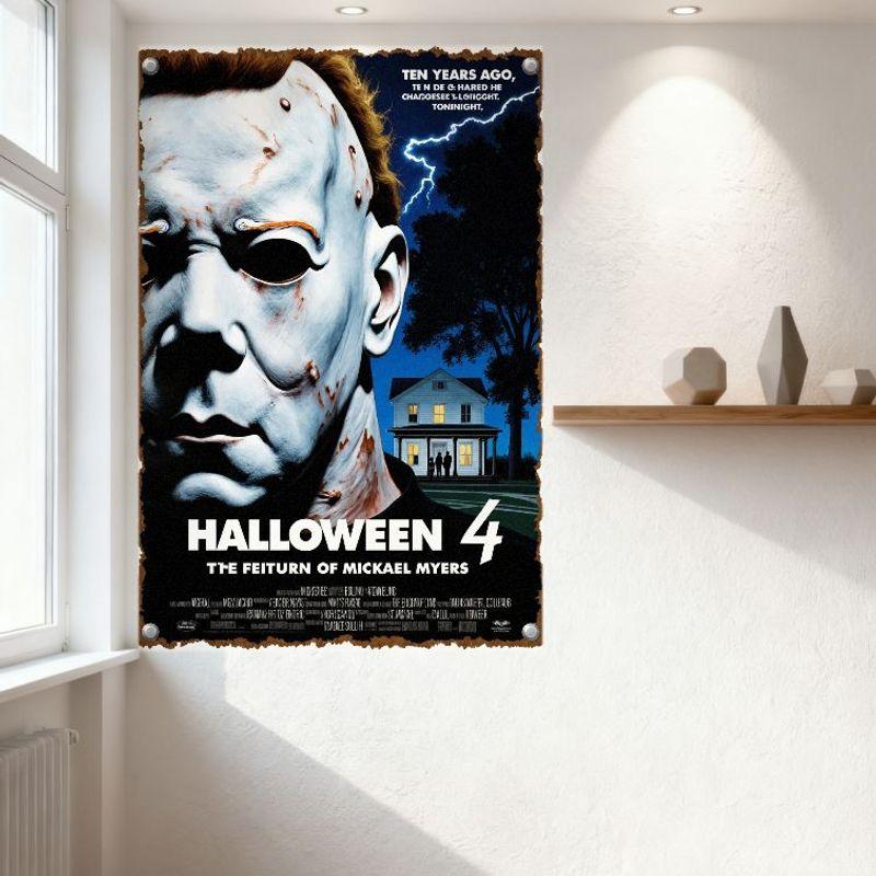 Halloween 4 Il Ritorno di Michael Myers Film Horror Cartello in Latta Metallico Vintage Retro Decorazione Murale per Man Cave Bar Ufficio Casa Club