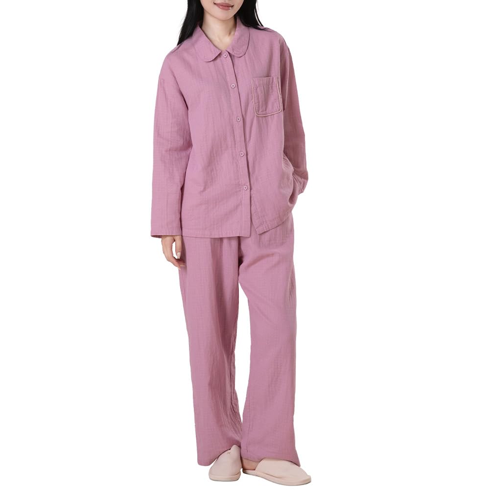 Yes Family Cotton Gauze Long Open Double Loungewear Size Pink Women's 100% Pajamas, Sleeves, Front, Gauze, Set, Autumn, L,