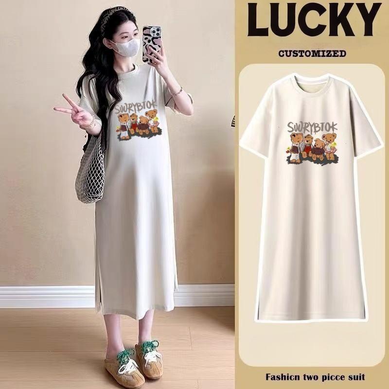 

2026 Summer Dark Grey Long Maternity Dress, Bump-Concealing, Little Bear Design, Short Sleeves, Tall Fit M [90-115 lbs]