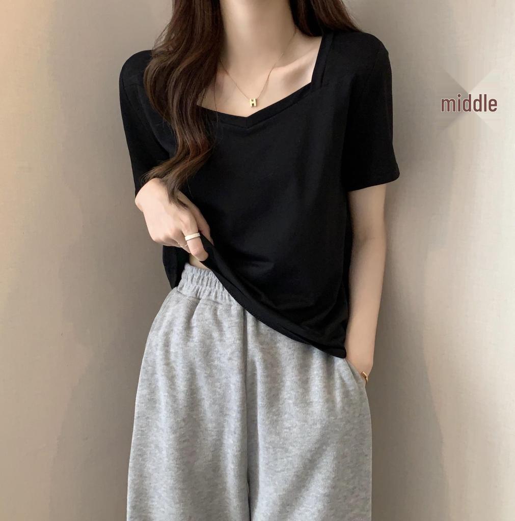 Women's Summer V-Neck Loose Fit Korean Style Short-Sleeve Solid Color Casual T-Shirt
