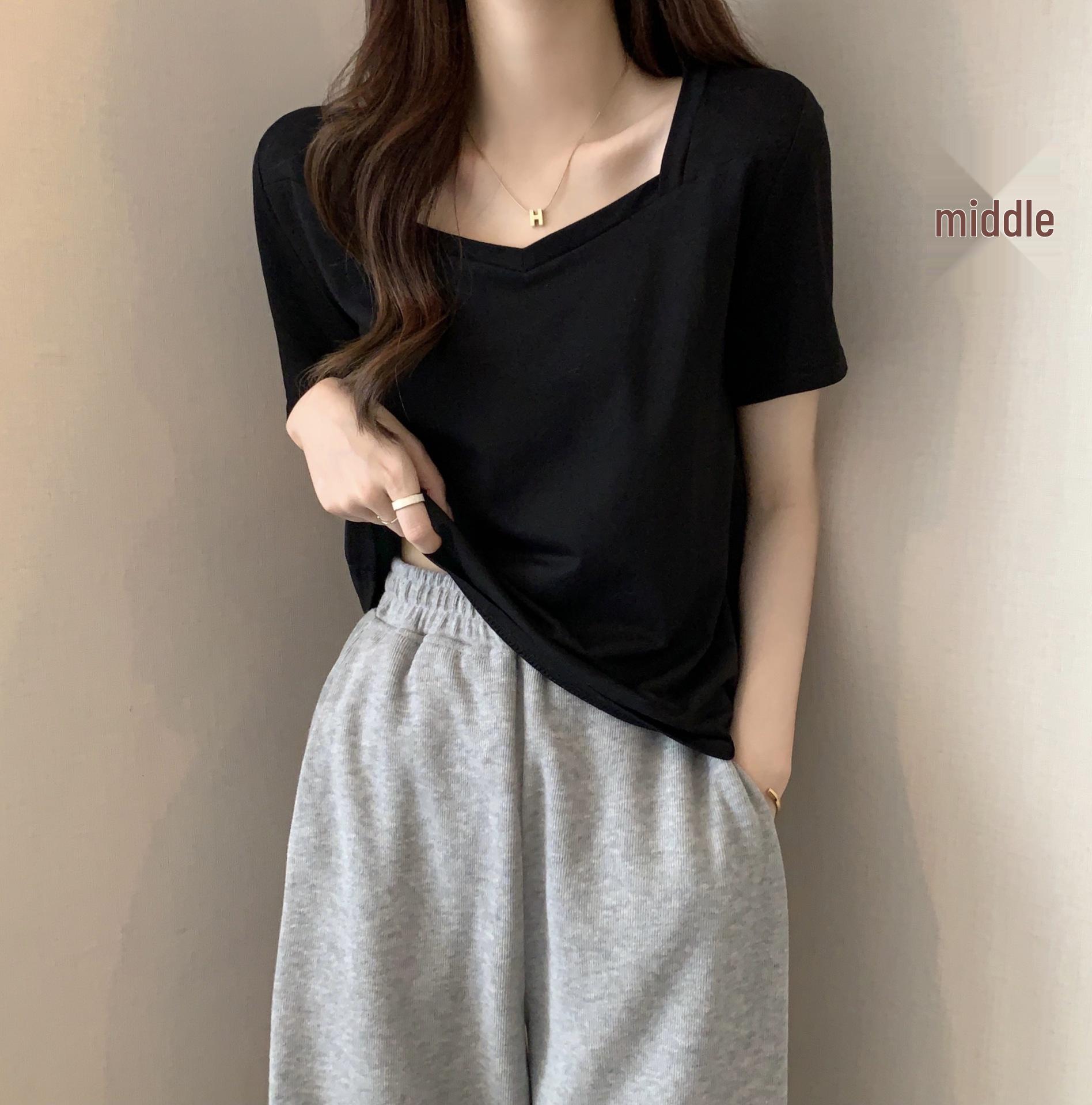 

Женская летняя футболка в корейском стиле с V-образным вырезом, свободного кроя, с короткими рукавами, однотонная, повседневная 2XL чёрный