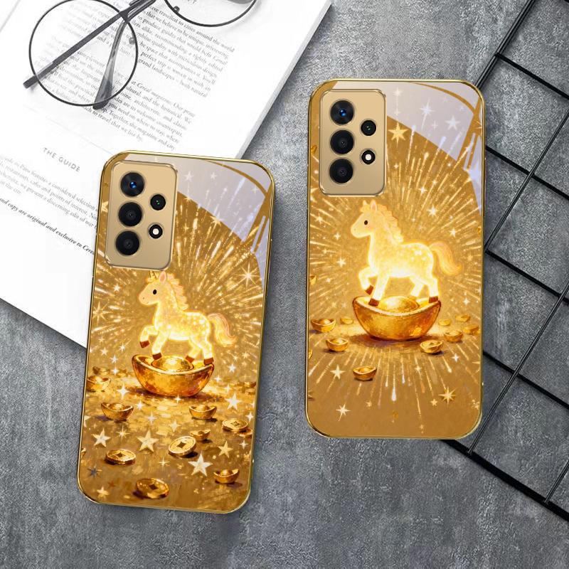 The shining golden pony For Samsung A 01 52S A04 A05S A10 A12 A13 22 23 24 36 42 M02 Note 10 20Ultra 8 9 Golden glass phone case