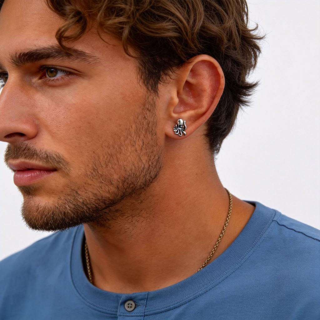 Vintage Octopus Stud Earrings for Men,Hypoallergenic Stainlesss Steel Marine Animal Stud Earrings,Halloween Party Father Gift