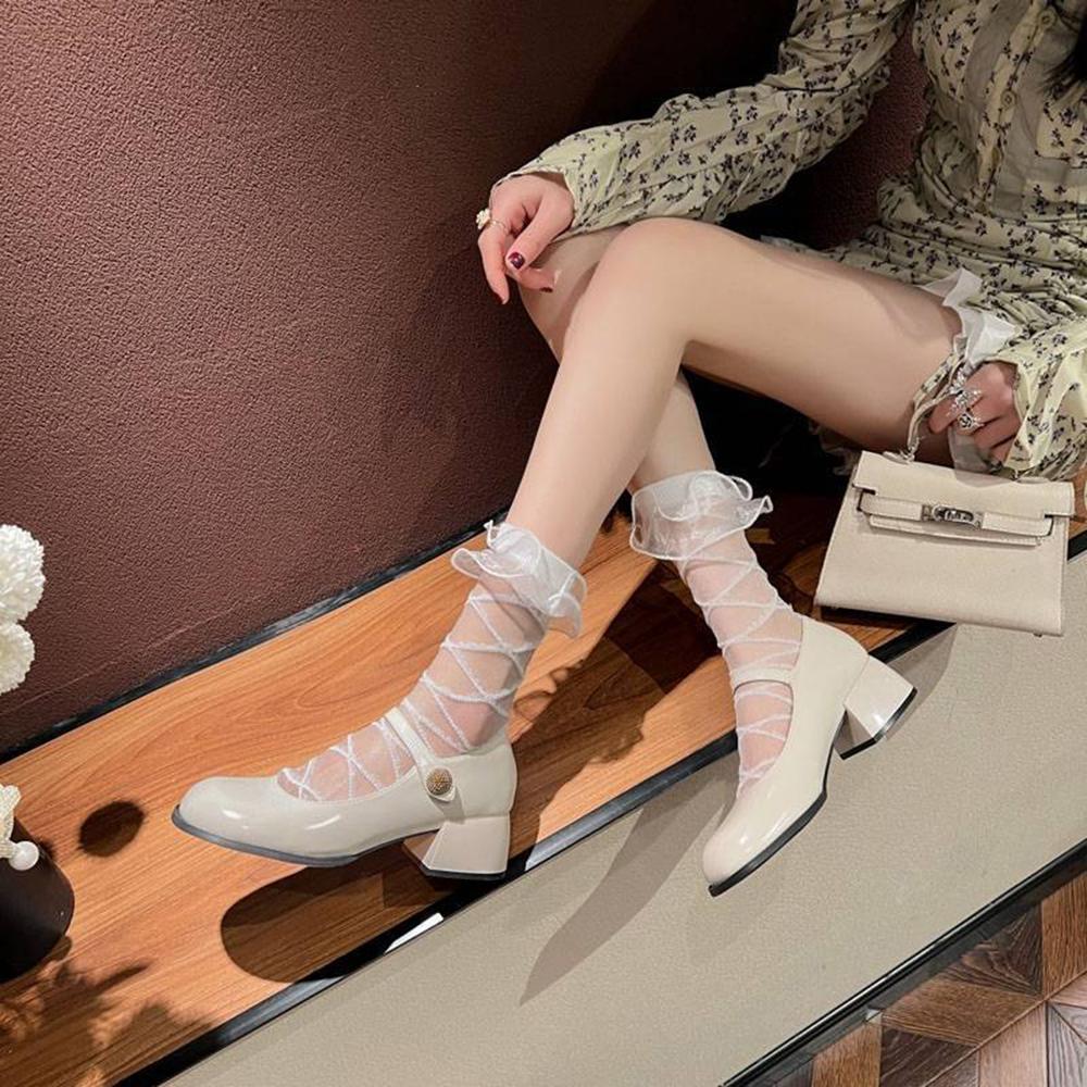 Women Lolita Organza Ruffle Ankle Socks, Summer Sheer Glass Silk Crisscross Strap Mesh Socks, Japanese Sweet Cosplay Short Socks