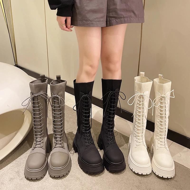 Chunky Platform Knitted Long Boots Women  Autumn Thick Bottom Warm Sock Shoes Woman Lace Up Knee High