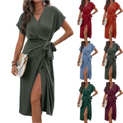 Women's V Neck Wrap Dress Twisted Slit Pleated Waist Tie Short Sleeve Summer Midi Dresses