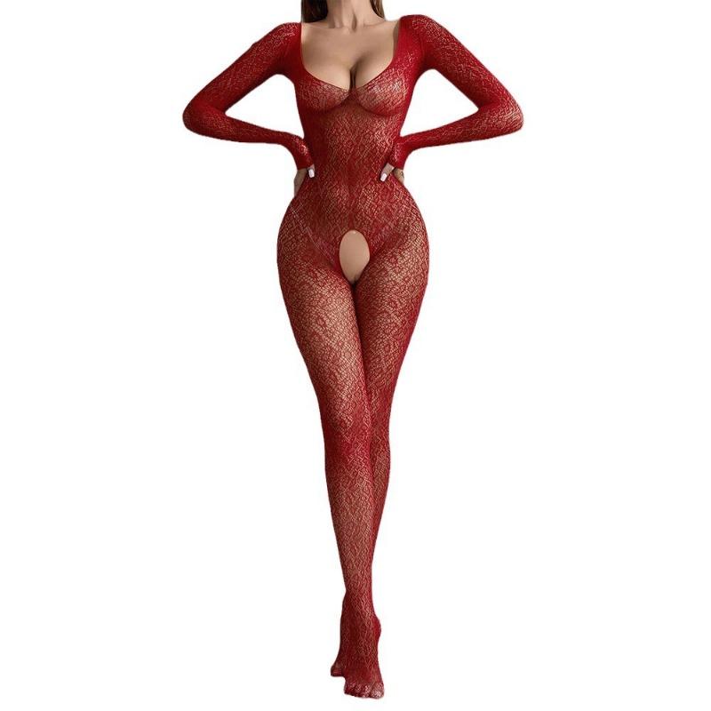 Sexy Long Sleeve Closed Crotch Perspective One Piece Fishnet Bodysuit Lingerie For Women