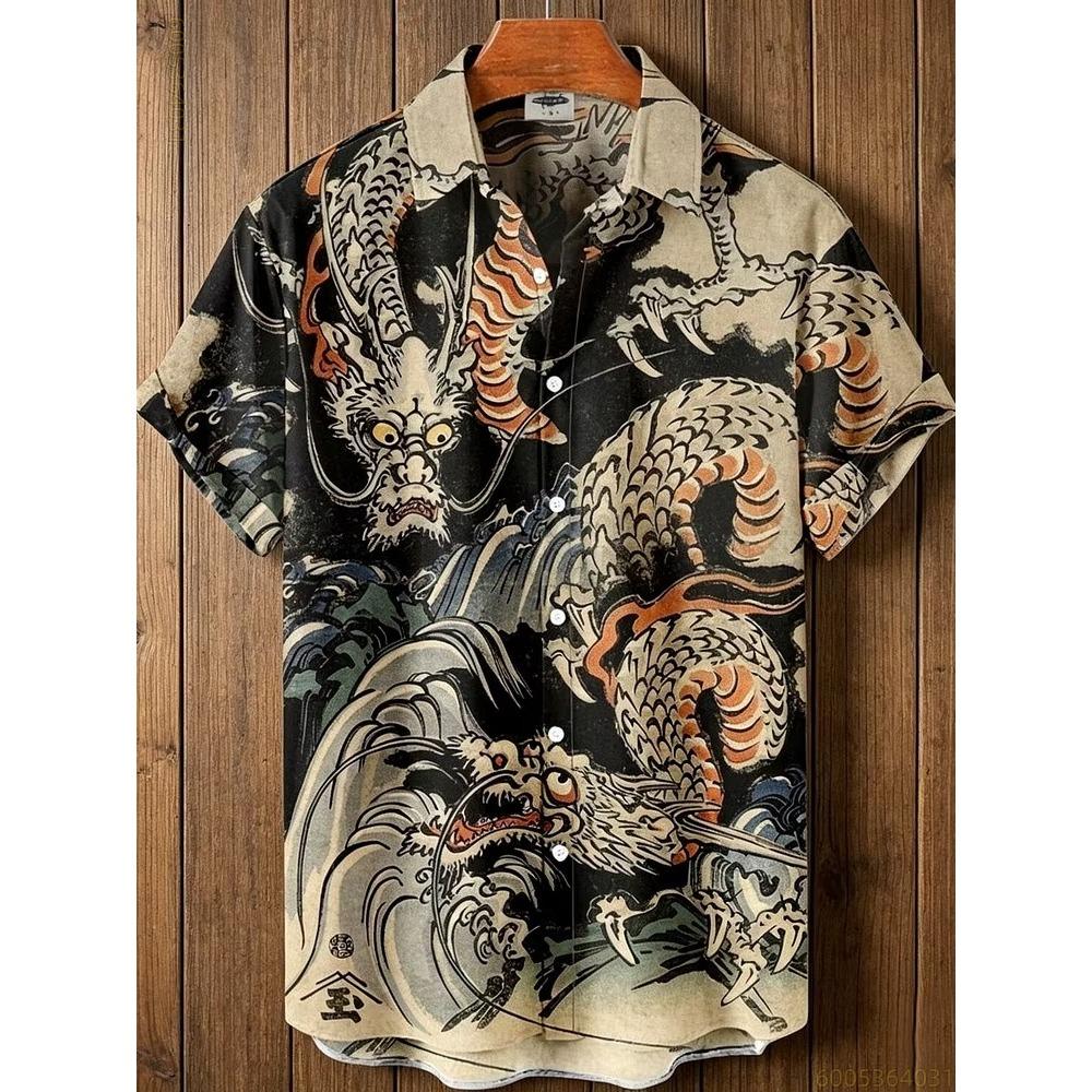 2026 New Men's Striped Sun God Totem Print Hawaiian Collar Short-Sleeve Shirt, Casual, Loose, Comfortable, and Versatile Top