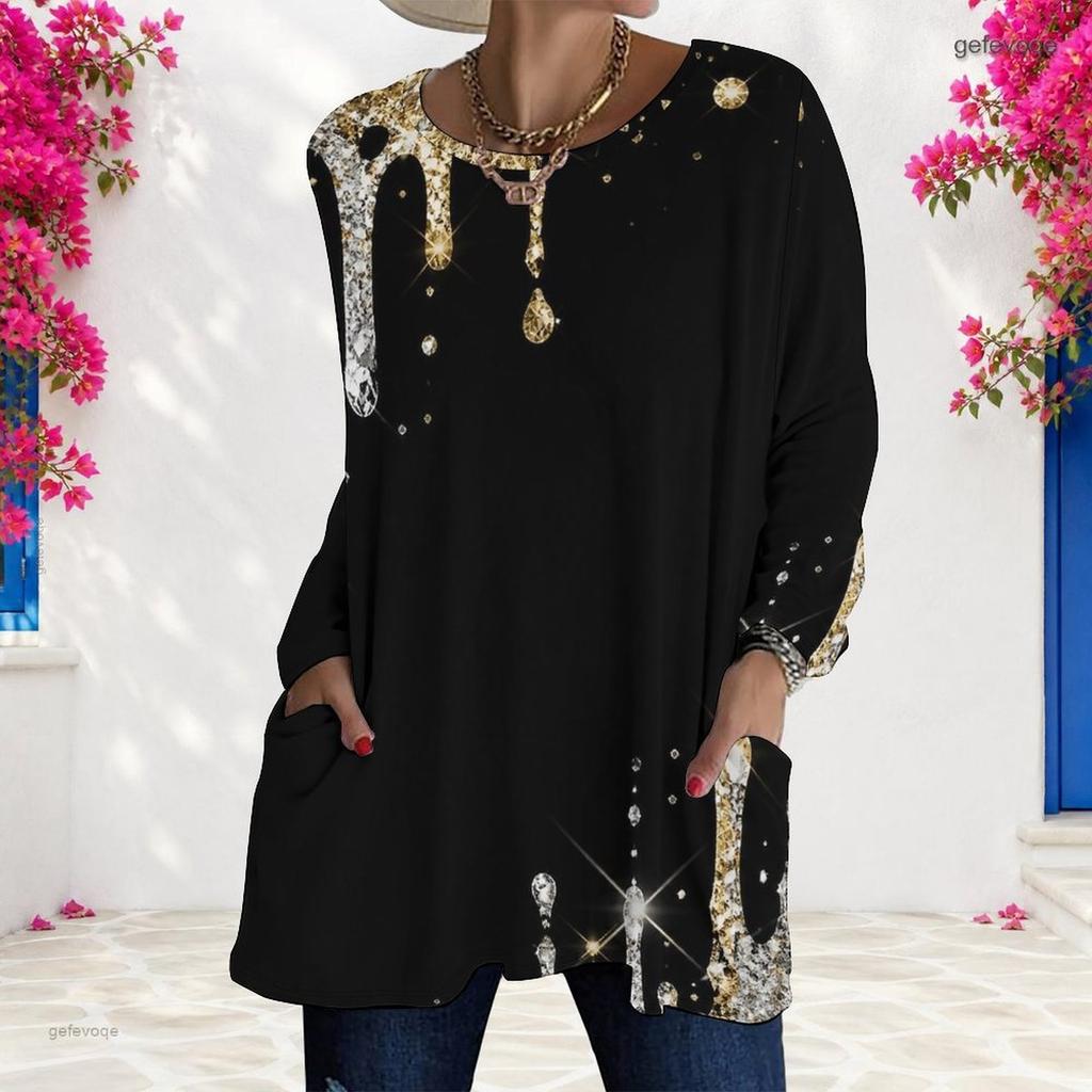 Women Plus Size Round Neck Long Sleeve Printed Light Purple Loose T Shirt With Pockets