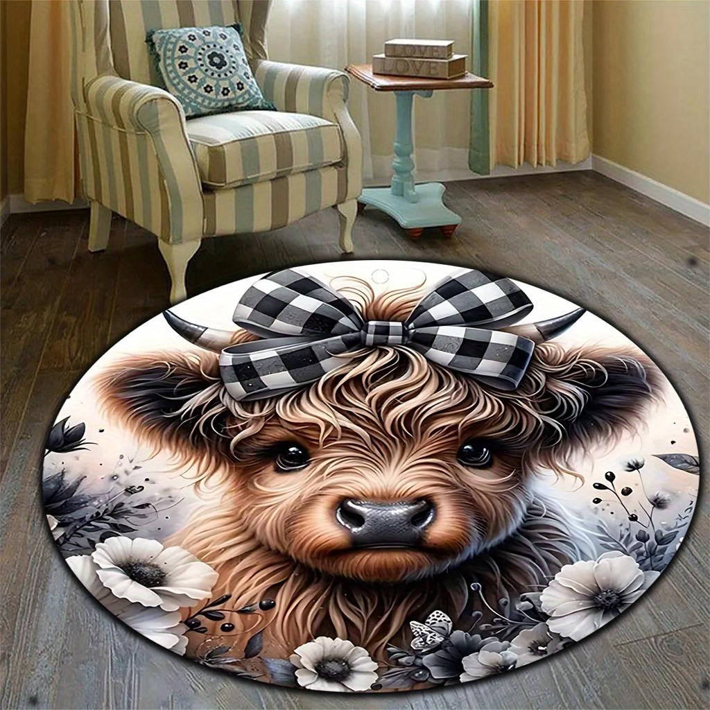 Highland Cow with Bow Round Rug Flannel Cute Animal Design Soft Washable Nursery Kids Room Play Area Floor Covering