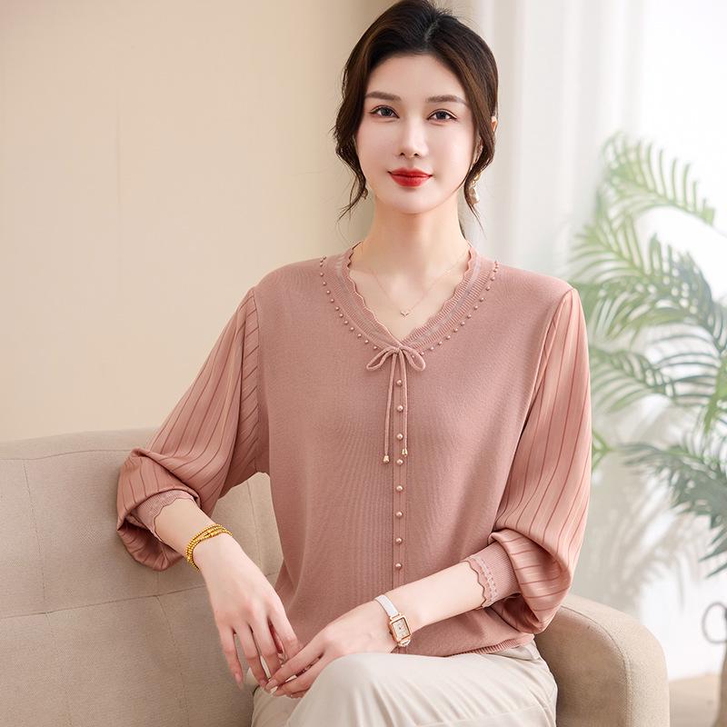 

Spring 2026 Stylish Gauze Sleeve Top for Middle-Aged Women: Lightweight Long-Sleeve Summer T-Shirt 3XL (120-135 lbs) рожевий
