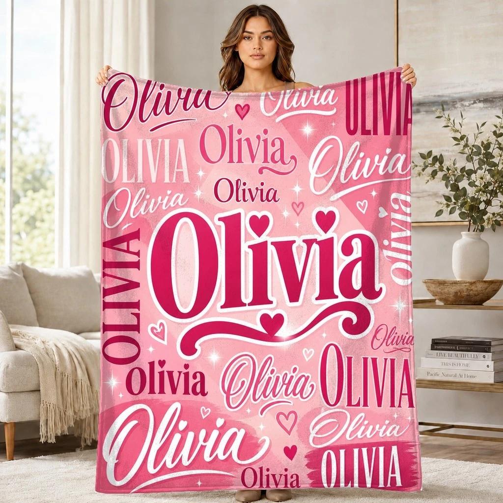 Olivia Typography Collage Coral Fleece Blanket Name Decor