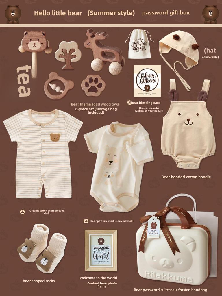 Conjunto de presente de urso de algodão orgânico com brinquedo de madeira em mala – presente unissex de primavera para o inverno