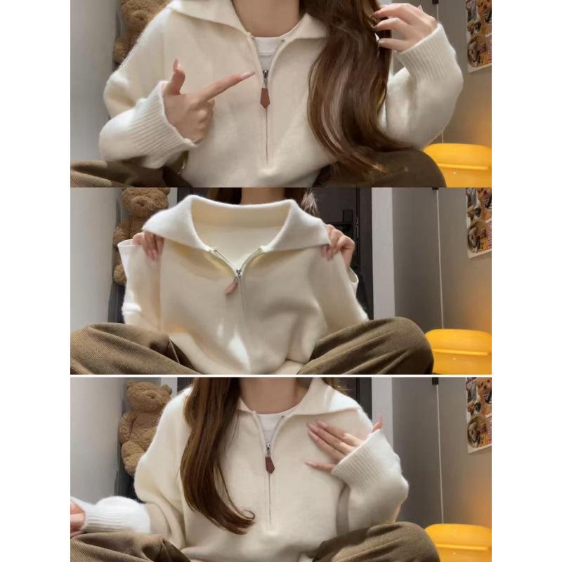 Korean Retro Loose Long Sleeve Polo Knit Top - Women's Autumn Winter Half-Zip Sweater