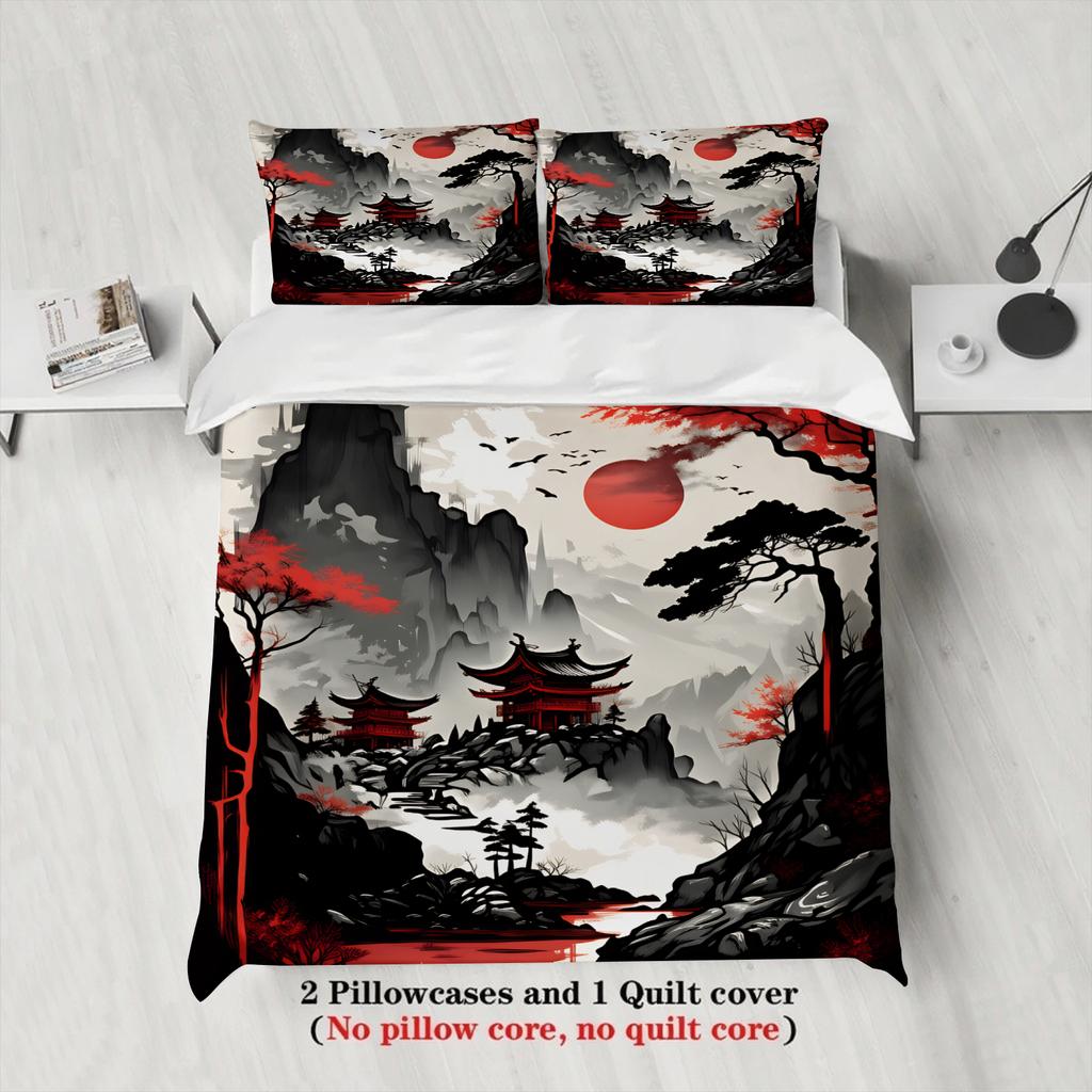 3pcs Japanese Landscape Bedding Sets 3D Printed Mountain Temple And Red Sun Duvet Cover Sets With Pillowcases No Filling