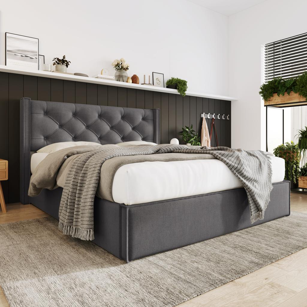 Hydraulic Double Bed, Upholstered, 140x200cm, Metal Slatted Frame, Modern, Storage Space, Cotton, Grey (With Mattress)