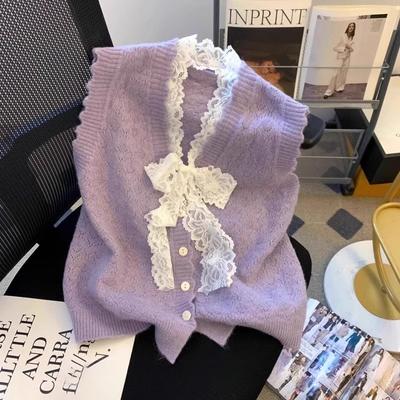 Lace Bow Vest Knitted Cardigan Women's Fashion Spring Autumn Outerwear Sweater Vest
