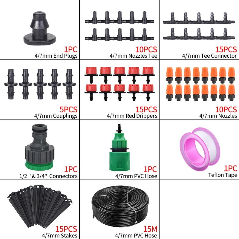 15-30m Tropfbewässerungssystem Gewächshaus Automatische Bewässerungskits Gartenschlauch Mikrotropfbewässerungskits mit einstellbaren Tropfern