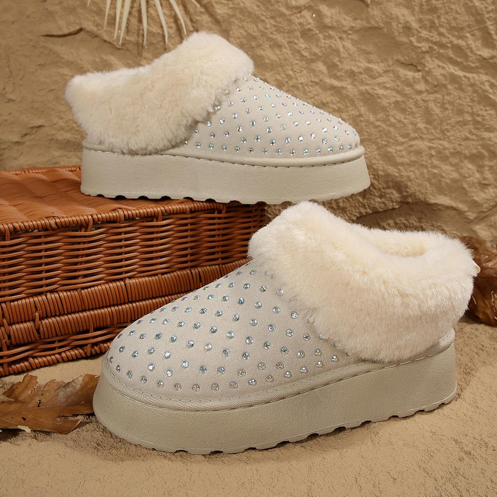 Women's Faux Diamonds Decorative Soft Sole Winter Warm Fur One Snow Boots Padded Lined Ankle Boots Non Slip Hiking Casual Sneakers