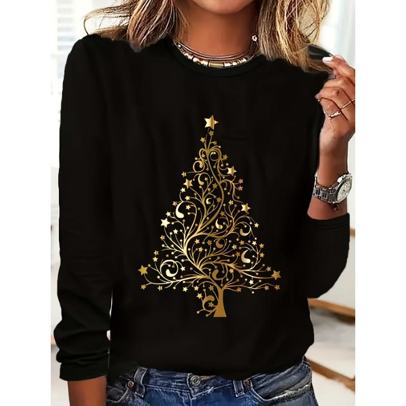 Directional - Christmas Tree Print Round Neck Long Sleeve Loose Top T-Shirt, Machine Washable,
