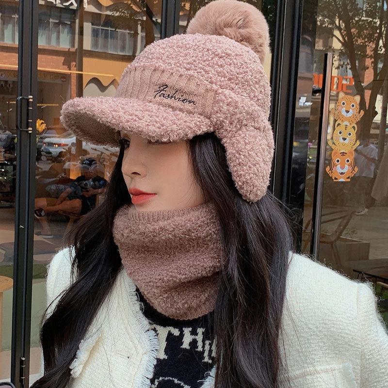 Letter Embroidery Plush Ear Protector Cap Women's Autumn and Winter Scarf Cover Cycling Warm Skiing Knitted Wool Cap