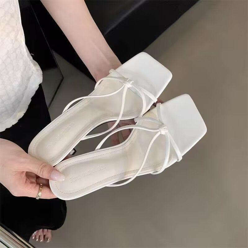 New Square Head Korean Version of Fashion 2025 Cross-strap One-word Sandals Women's Versatile Slippers Open-toed High Heels Tide