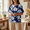Women's Floral Print Short Sleeve Shirt Henley Button Neck Chest Pocket Casual Linen Cotton Blended Top for Summer
