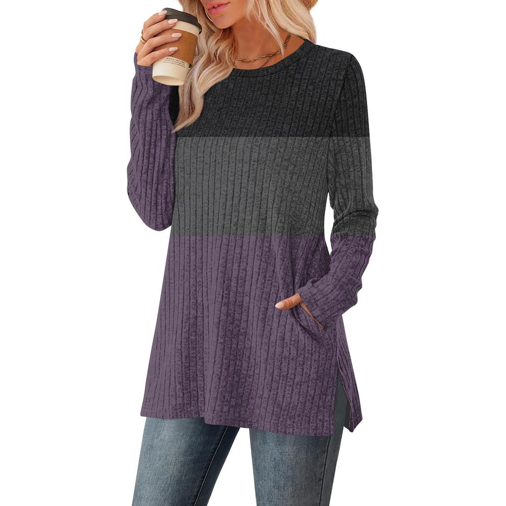 Womens Sweaters Crewneck Long Sleeve Shirts With Pockets Fall Outfits Fashion Winter Clothing Side Slit