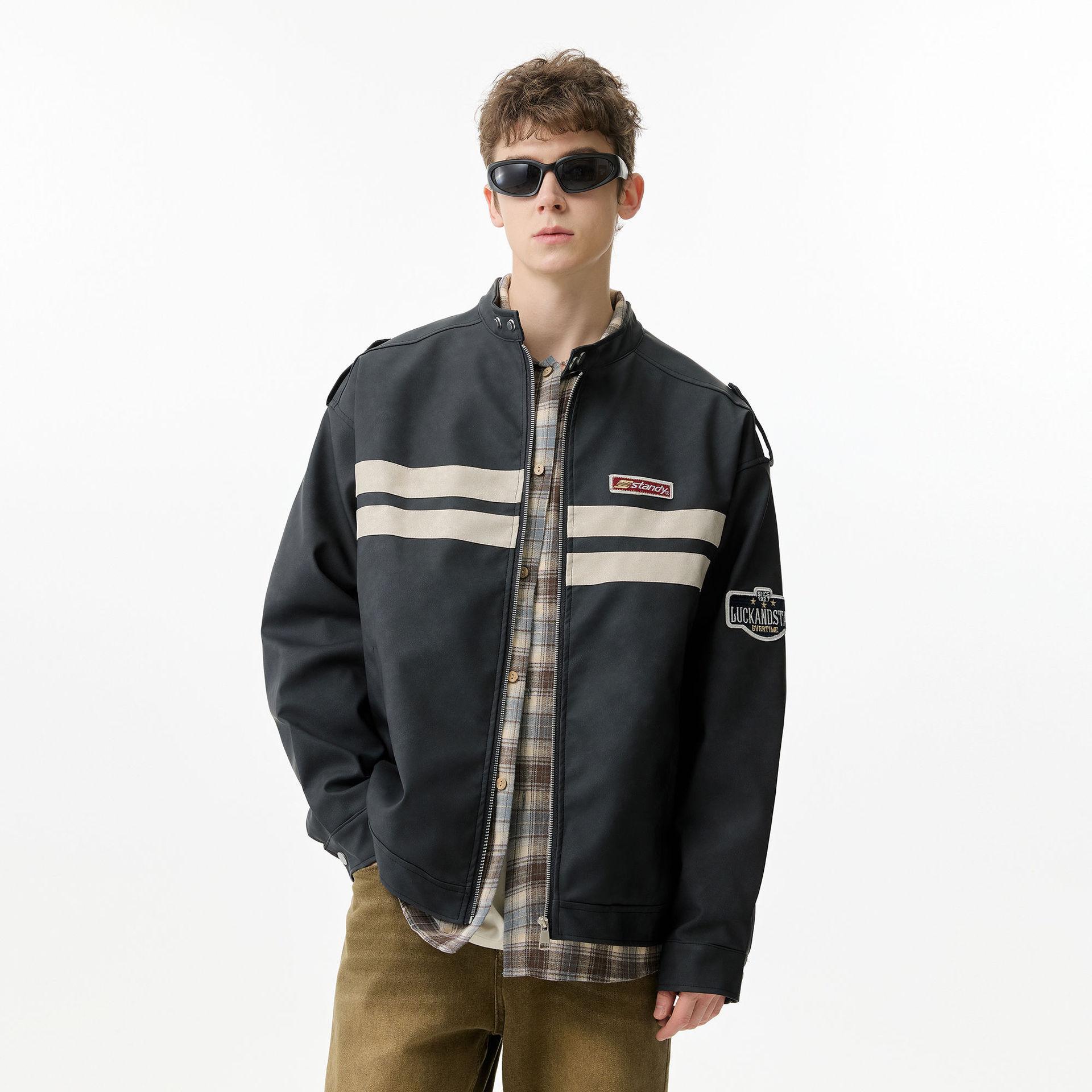 

Весенне-осенняя американская ретро повседневная универсальная куртка мужская и женская свободная лоскутная гоночная одежда спецодежда куртка из ПУ кожи тренд 2XL чёрный