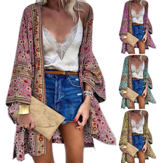 Long Sleeve Sun Protection Women Cardigan Quick Drying Summer Open Front Bohemian Floral Printed Shirt for Beach